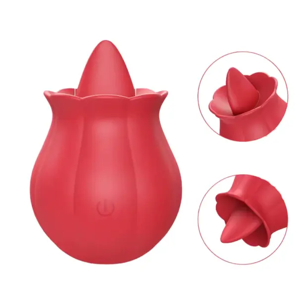 Composite of the red “Playful Pout” rose-shaped vibrator with two inset close-ups: one highlighting the textured, puckering tip inside the petals and another showing the same tip from a slightly different angle.