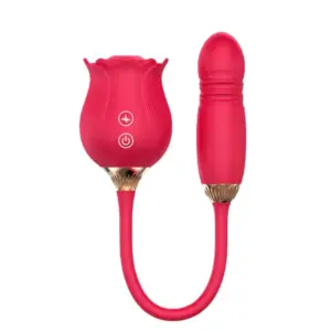 Pink silicone rose-shaped clitoral stimulator connected by a flexible cable to a matching pink bullet vibrator, shown side by side on a white background.