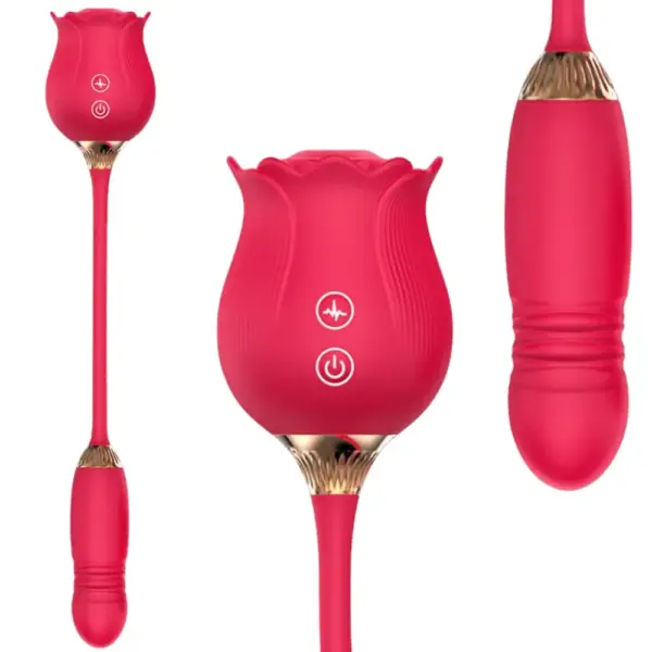 Three pink Rhapsody Ride views: left, the full device with rose head and flexible bullet connection; center, a close-up of the textured rose petals and suction nozzle; right, a detail of the ribbed bullet vibrator end with metallic trim.