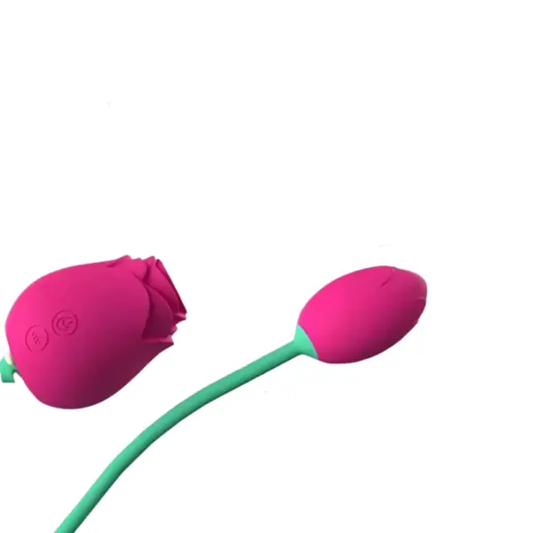 Blossom Vibes rose suction and egg vibrator full kit view showing the pink silicone tulip-shaped suction head attached by a flexible green cord to a matching pink egg