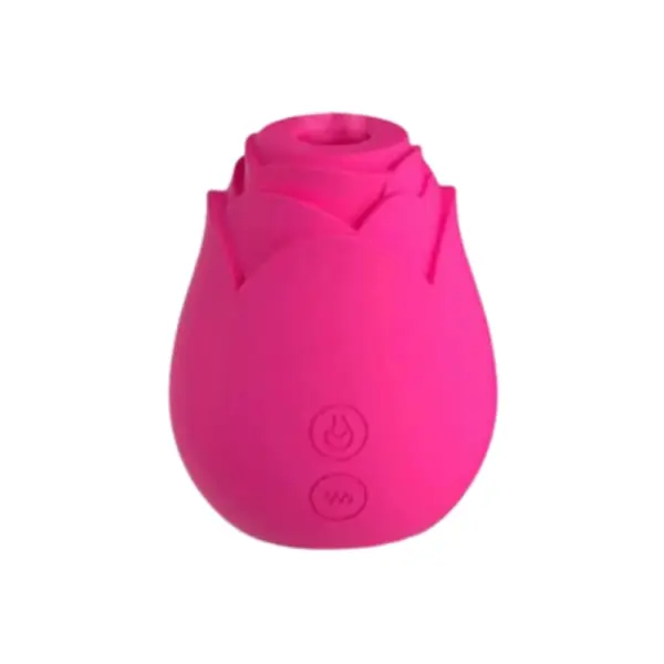 Close-up of the Blossom Vibes rose suction and egg vibrator’s pink silicone tulip-shaped suction head on a white background