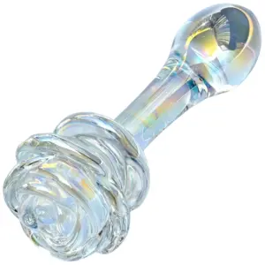 Opposite-angle view of the iridescent glass rose plug, showcasing the smooth, rounded insertion end and the prismatic sheen of the stem.