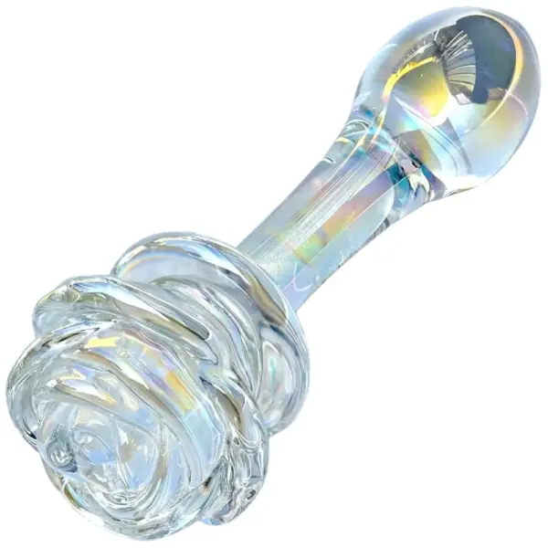 Opposite-angle view of the iridescent glass rose plug, showcasing the smooth, rounded insertion end and the prismatic sheen of the stem.