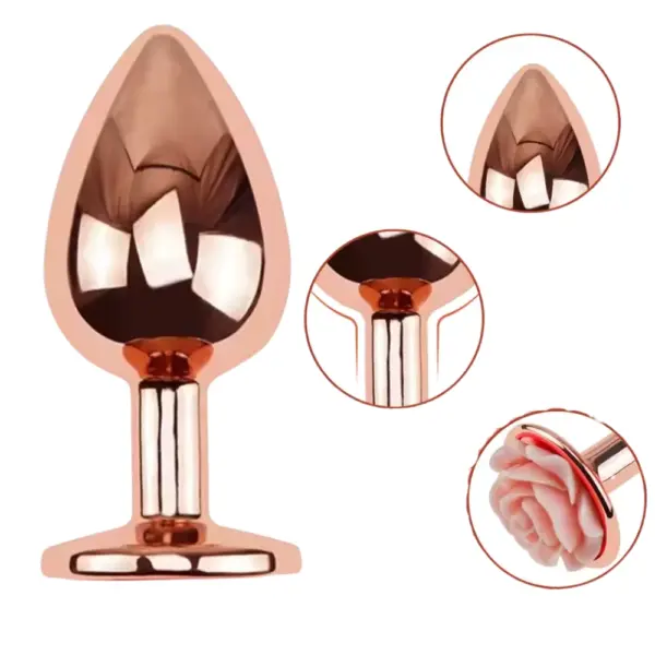 Three circular insets showing close-up details of the Blush Button plug: the tapered tip, the slender stem joint, and the intricately sculpted rose base.
