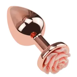 Back-side view of the Blush Button rose-gold butt plug, highlighting its smooth reflective finish and the rose-shaped handle.
