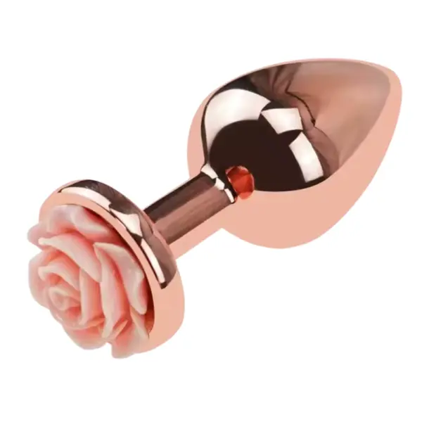 Shiny rose-gold metal butt plug with a decorative blush-pink rose base, shown at a three-quarter angle against a white background.