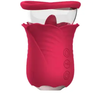 A red Rose Double Clit Stimulator with soft silicone petals, a transparent chamber, and three control buttons, designed for dual clitoral stimulation with a sleek, floral-inspired look.