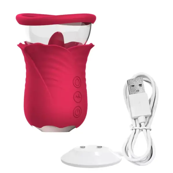 The Blush Bloom stimulator shown with a white USB charging cable and magnetic base, highlighting the toy’s rechargeable and wireless functionality alongside its elegant rosebud design.