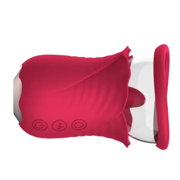 Side view of the Rose Double Clit Stimulator lying flat, displaying the outer petal detailing, control buttons, and curved transparent top designed for precision clitoral stimulation.