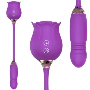 Trio of purple Rhapsody Ride shots: left, full length with rose head and cable-connected bullet; center, rose-shaped suction head with control buttons; right, close-up of the ridged bullet vibrator tip and metallic accent.