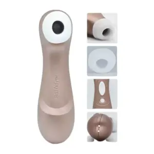 Multi-panel layout of the Satisfyer Pro 2+ Clit Sucker showing the rose-gold handle topped with its silicone suction nozzle, a close-up of the removable cap interior for cleaning, the textured control buttons on the back, and the magnetic charging contacts at the base. Each inset highlights its user-friendly interface, hygienic design, and rechargeable functionality.