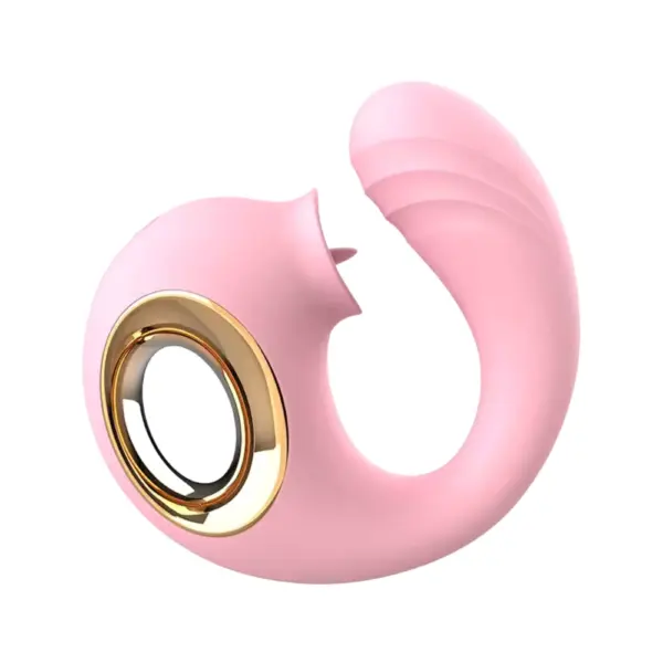 Angled view of the Flirty Flicker G-Spot With Licking Dolphin Vibrator in pastel pink, showcasing its sweeping curved body with integrated golden-ring finger loop and ribbed G-spot tip. The dolphin-inspired licking nozzle sits above the internal curve, underlining the toy’s dual-stimulation design and stylish, ergonomic form.