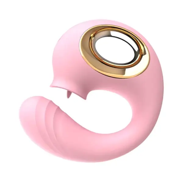 Side-profile of the Flirty Flicker G-Spot With Licking Dolphin Vibrator, highlighting the sweeping silicone curve and layered-ridge G-spot tip. The gold-accented finger loop frames the top, while the dolphin-style licking nozzle peeks out above the textured stimulator, showcasing its multi-sensory capabilities.