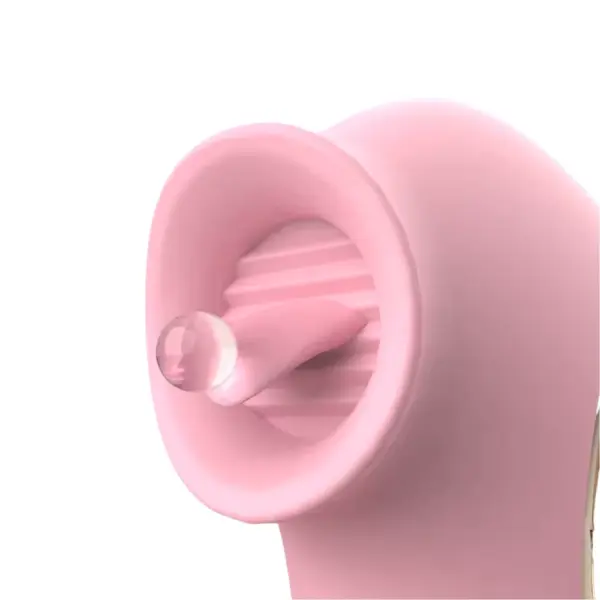 Close-up detail of the dolphin-inspired licking cup on the Flirty Flicker G-Spot With Licking Dolphin Vibrator, revealing the flexible silicone nozzle and textured interior channeling focused suction. The clear lick tip protrudes slightly, emphasizing precision in fluttering, tongue-like stimulation.
