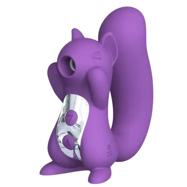 A playful purple squirrel-shaped vibrator with a suction nozzle at its mouth and silver control buttons on its belly. The Multi Speed Squirrel Suction Vibrator – Frisky Delight is designed for targeted clitoral stimulation in a whimsical form.