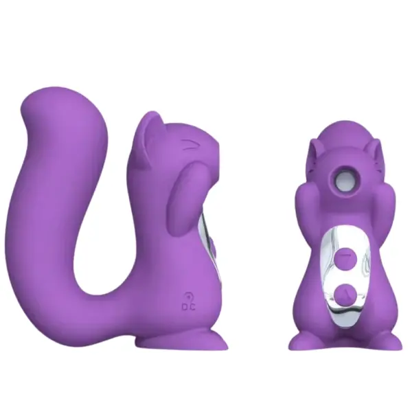 Two angles of the Multi Speed Squirrel Suction Vibrator – Frisky Delight show its winking design, suction opening, and button layout. The purple toy features a long curved tail and ergonomic shape for comfortable handling.
