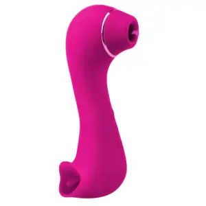 Pink Dual Head Clit Vibrator named “Double Trouble,” featuring a gently curved silicone shaft with a round suction-style stimulation head at the top and a soft, tongue-shaped stimulator at the base designed to mimic licking.
