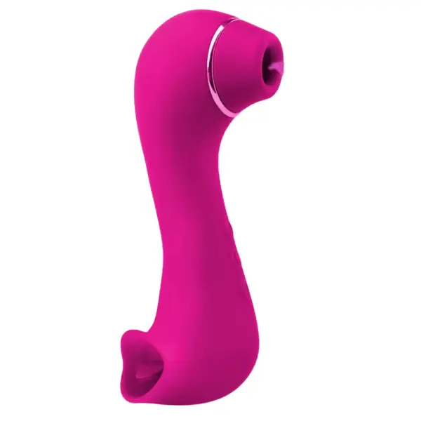 Pink Dual Head Clit Vibrator named “Double Trouble,” featuring a gently curved silicone shaft with a round suction-style stimulation head at the top and a soft, tongue-shaped stimulator at the base designed to mimic licking.