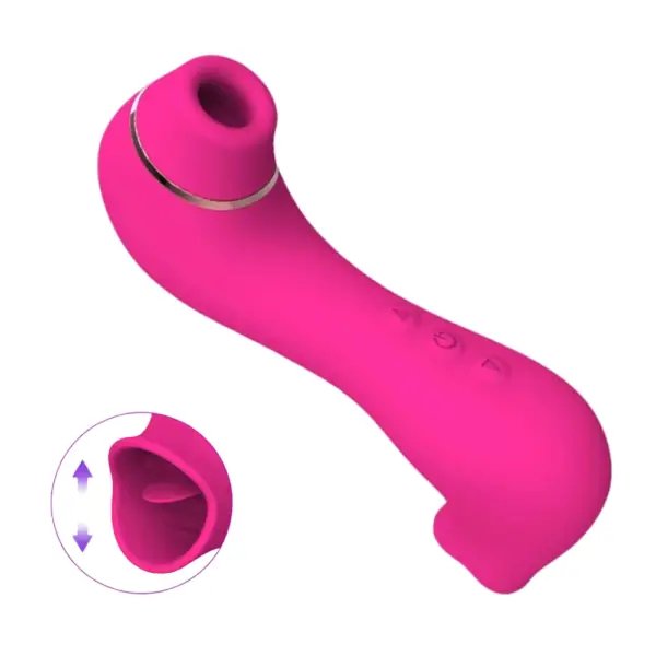 Close-up of the pink “Double Trouble” vibrator showing its three-button control panel, the silicone suction cup at the top, and close up of the tongue-shaped stimulator at the bottom.