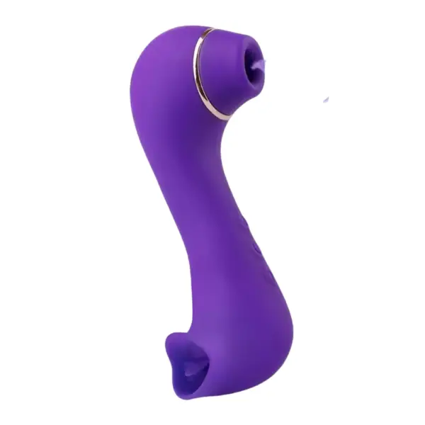Purple variant of the “Double Trouble” Dual Head Clit Vibrator, showing the same curved design with a top suction head and bottom tongue-shaped licking stimulator.