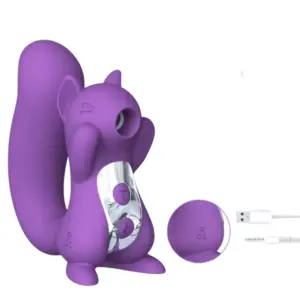 The Multi Speed Squirrel Suction Vibrator – Frisky Delight is displayed alongside its USB charger. The toy features a smooth silicone body, intuitive controls, and a discreet design perfect for travel.
