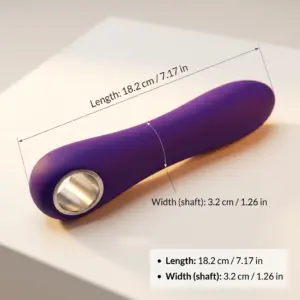 VibrantVixen 10 frequency silicone vibrator in purple showing measurements of 18.2cm length and 3.2cm shaft width with smooth curved design