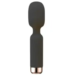 Black Mini Wand With Oversized Head from Vixen Vibes, featuring a smooth silicone body, rose gold accent, and flexible oversized head for targeted vibrations.