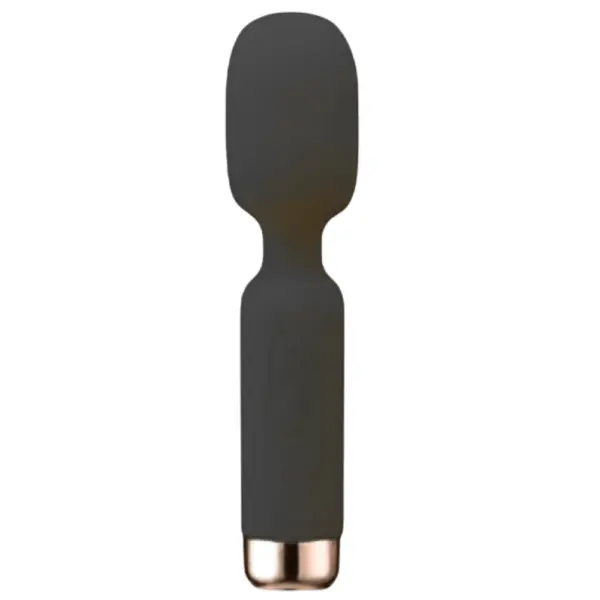 Black Mini Wand With Oversized Head from Vixen Vibes, featuring a smooth silicone body, rose gold accent, and flexible oversized head for targeted vibrations.