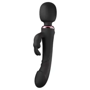 Sleek black version of the Thrill Throne Triple Rabbit Wand and Dildo, combining a curved dildo shaft, powerful wand head, and triple-action rabbit teaser.