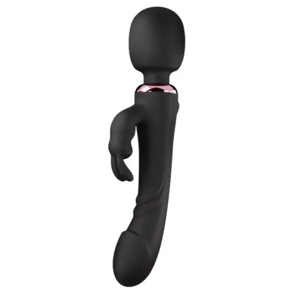 Sleek black version of the Thrill Throne Triple Rabbit Wand and Dildo, combining a curved dildo shaft, powerful wand head, and triple-action rabbit teaser.