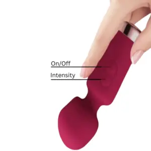 Close-up of the Vixen Vibes Mini Wand With Oversized Head showing on/off and intensity buttons, emphasizing ease of use and flexible neck.