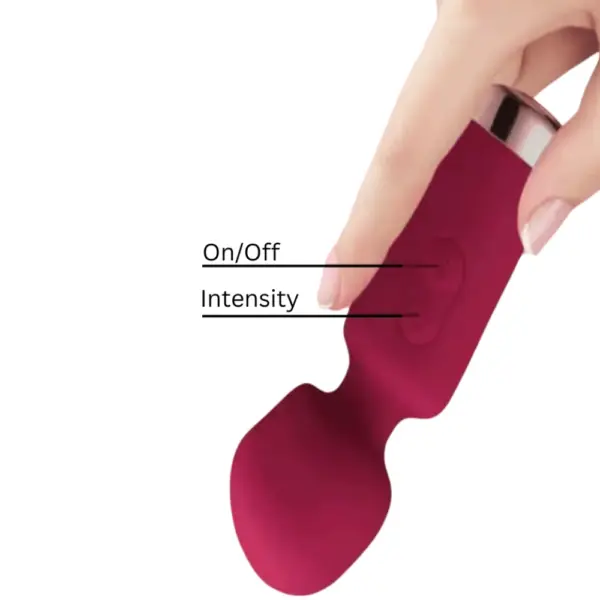 Close-up of the Vixen Vibes Mini Wand With Oversized Head showing on/off and intensity buttons, emphasizing ease of use and flexible neck.