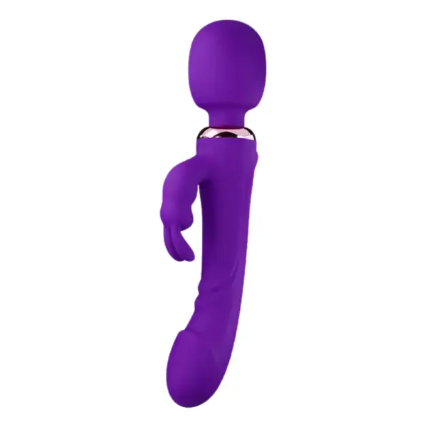 Purple Triple Rabbit Wand and Dildo from Thrill Throne, featuring a bulbous wand head, curved shaft, and three flexible rabbit-style stimulators for blended pleasure.