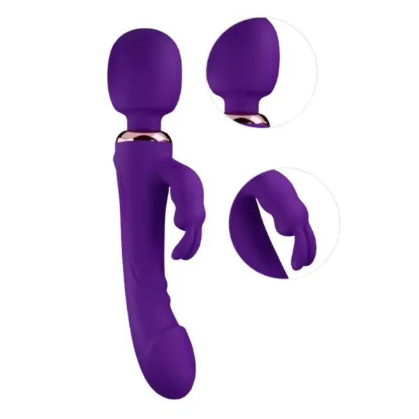 Detailed view of the Thrill Throne Triple Rabbit Wand and Dildo in purple, with close-ups highlighting the soft textured wand head and rabbit-shaped stimulators.