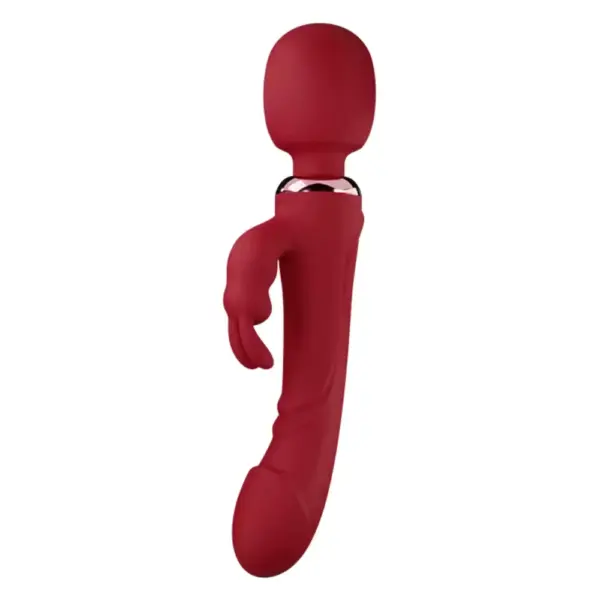 Thrill Throne’s Triple Rabbit Wand and Dildo in a bold red hue, designed with a lifelike shaft, oversized vibrating wand head, and triple external stimulators.
