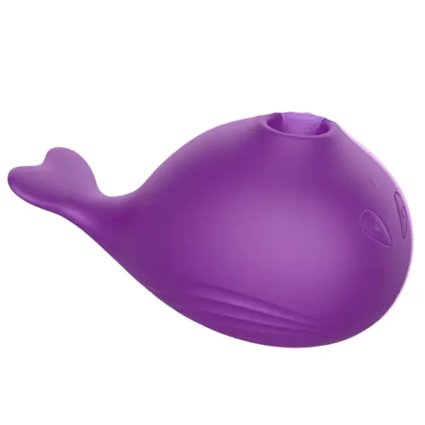 Purple 7 Modes Whale Sucker clitoral stimulator with a smooth silicone finish and suction opening on top, shown in side view.