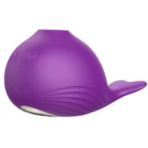 Bottom angled view of the purple 7 Modes Whale Sucker, highlighting tail shape, ridged sides, and discreet power button.