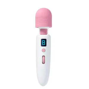 White Flexible Head Wand Vibrator – Flirtini featuring a pink, ribbed flexible head, digital LED display showing “8”, a single round power button and a rotary speed-control dial on its white handle.