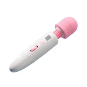 Angled close-up of the Flexible Head Wand Vibrator – Flirtini in white, its pink flexible head tilted to one side, highlighting the neck’s spring mechanism, control button, and speed dial.