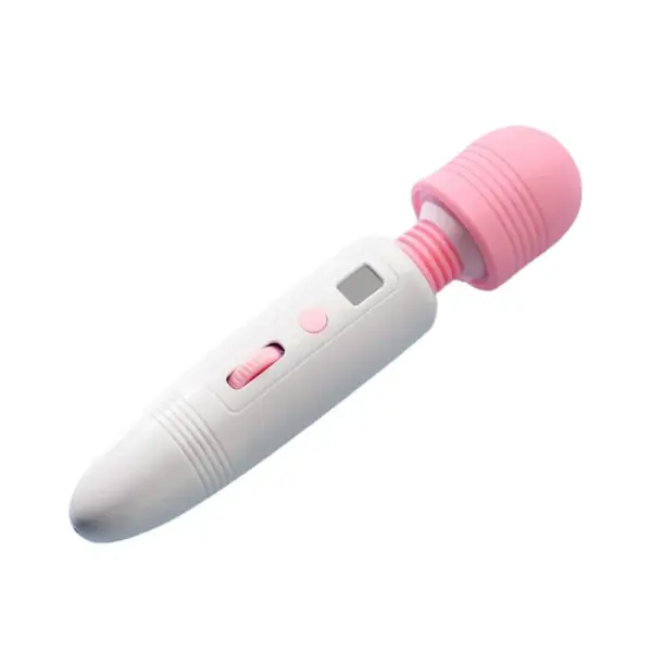 Angled close-up of the Flexible Head Wand Vibrator – Flirtini in white, its pink flexible head tilted to one side, highlighting the neck’s spring mechanism, control button, and speed dial.