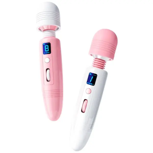 Two Flexible Head Wand Vibrators – Flirtini (one white with pink head and white handle, one with white head and pink handle), each with an integrated LED display, power button, and speed-adjust dial, shown side by side at angled views.