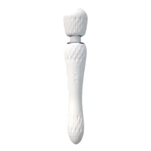 Upright white dual dildo and vibrator- opal kiss with a large, diamond-textured massage head on top and a slimmer textured tail at bottom, featuring two round control buttons on the smooth central handle.