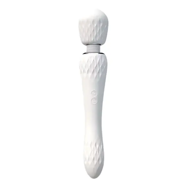Upright white dual dildo and vibrator- opal kiss with a large, diamond-textured massage head on top and a slimmer textured tail at bottom, featuring two round control buttons on the smooth central handle.