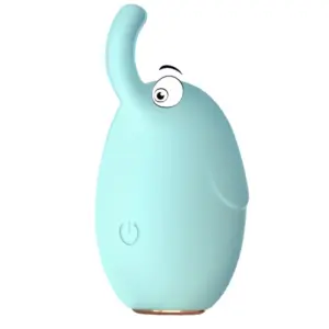Elephant Shaped Mini Bullet-Trunk Tickle in pastel aqua is shown at an angled, trunk-forward profile, highlighting its smooth, egg-shaped silicone body and slender, curved trunk. The integrated power button on the front panel offers one-touch control for discreet, handheld stimulation.