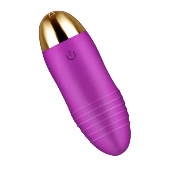 The Remote Control Egg Vibrator – Velvet Pulse shown without the remote, featuring a textured grip, curved shape, and metallic gold tip with a power button icon.