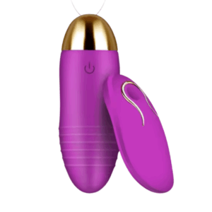 A purple Remote Control Egg Vibrator – Velvet Pulse with a ribbed silicone body, gold accent top, and a matching wireless remote control for hands-free play.