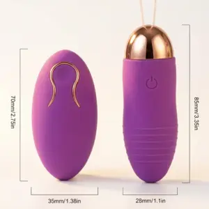 VelvetPulse remote control egg in purple showing egg and remote with measurements of 70mm egg length, 35mm width, and 85mm remote length with wireless control design