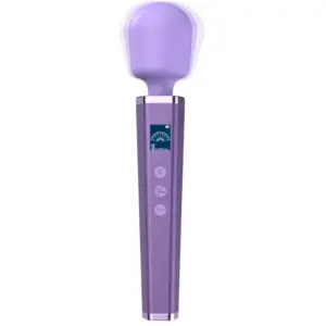 The Cordless Wand Vibrator-Silken Touch stands upright, showcasing its sleek lavender-purple handle with an integrated LCD screen reading “Mode 8 ×1000 r/min.” A soft, rounded silicone head tops the cordless aluminum body, blending precision display with powerful touch therapy for versatile use.
