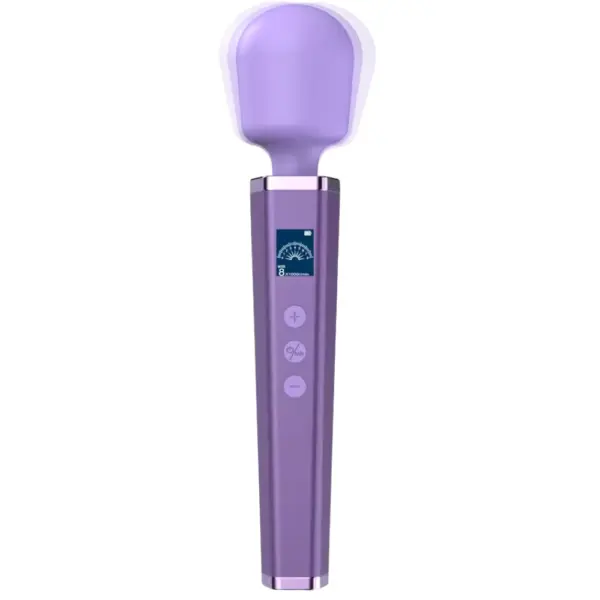 The Cordless Wand Vibrator-Silken Touch stands upright, showcasing its sleek lavender-purple handle with an integrated LCD screen reading “Mode 8 ×1000 r/min.” A soft, rounded silicone head tops the cordless aluminum body, blending precision display with powerful touch therapy for versatile use.