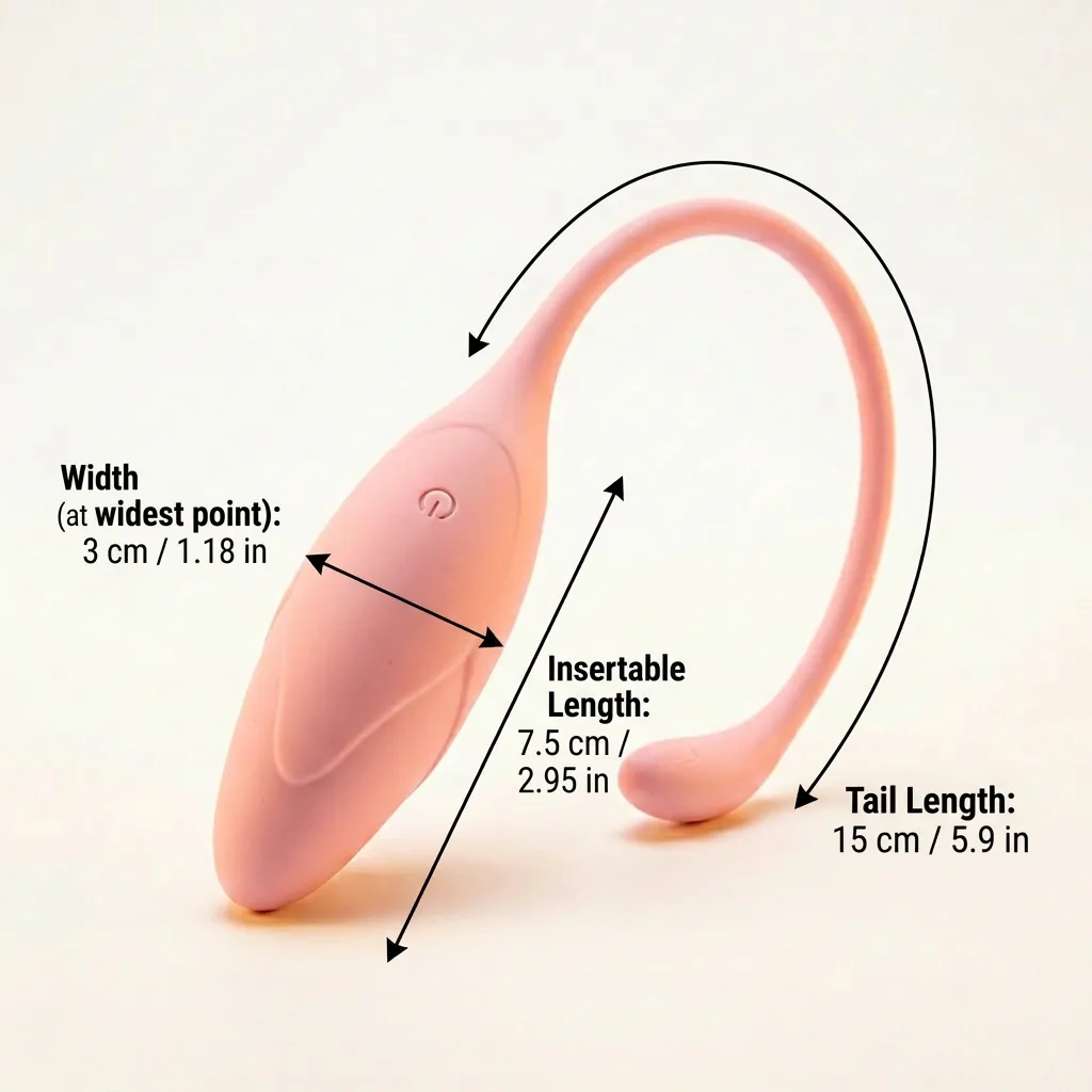Winkie wearable love egg in pink showing measurements of 7.5cm insertable length, 15cm tail length, and 3cm width with flexible tail design
